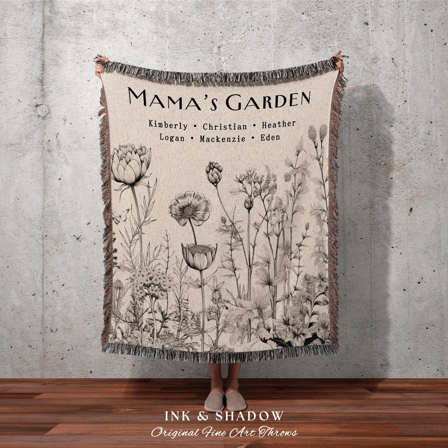 Mammas Garden Woven Tapestry | Personalized Last Name Blanket Meaningful Gift for Mom Sentimental Family Heirloom Throw Kids Names Custom