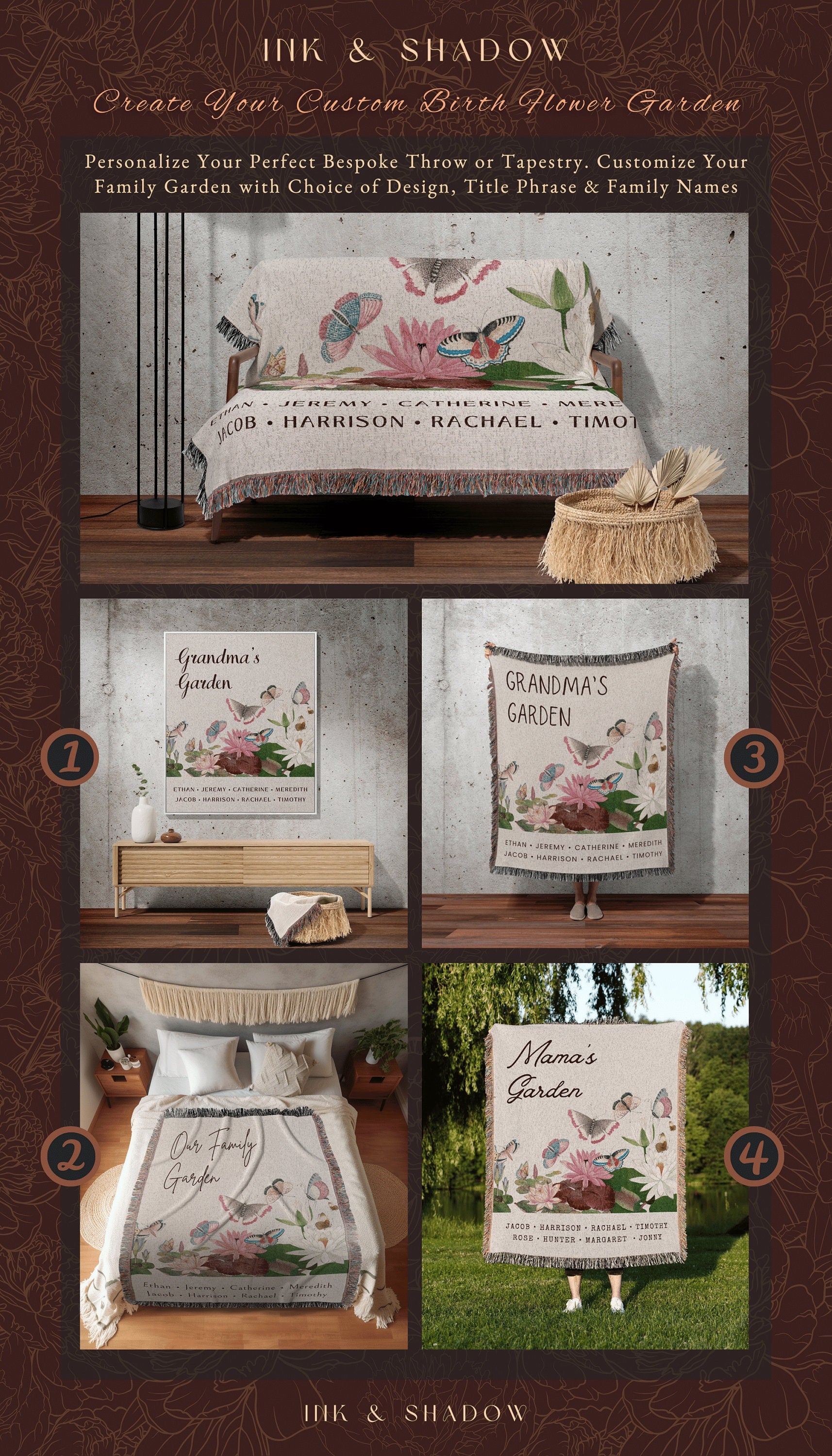 Sentimental Gift for Grandma | Grandma's Garden Woven Tapestry Personalized Gift from Grandkids Thoughtful Family Cozy Throw for Mom |