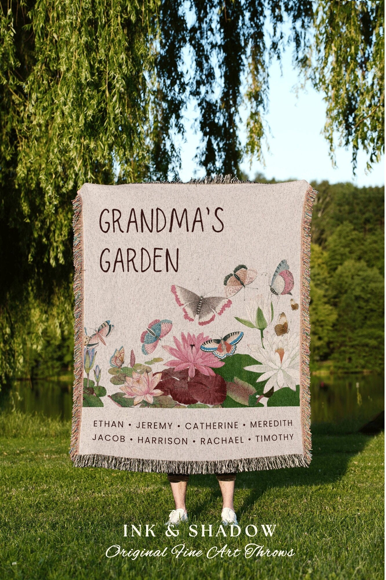 Sentimental Gift for Grandma | Grandma's Garden Woven Tapestry Personalized Gift from Grandkids Thoughtful Family Cozy Throw for Mom |