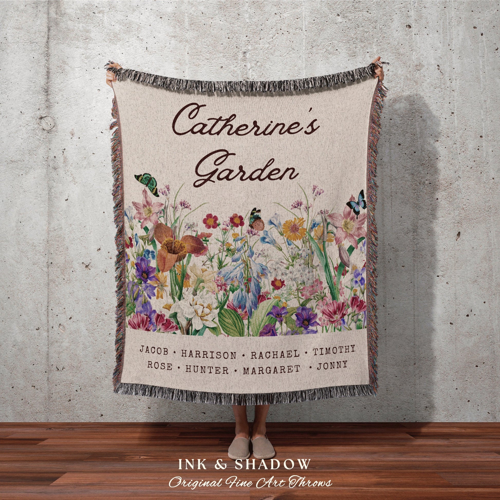 Mom's Garden Custom Blanket | Personalized Last Name Tapestry Meaningful Gift for Grandma Sentimental Family Heirloom Throw Grandkid's Names