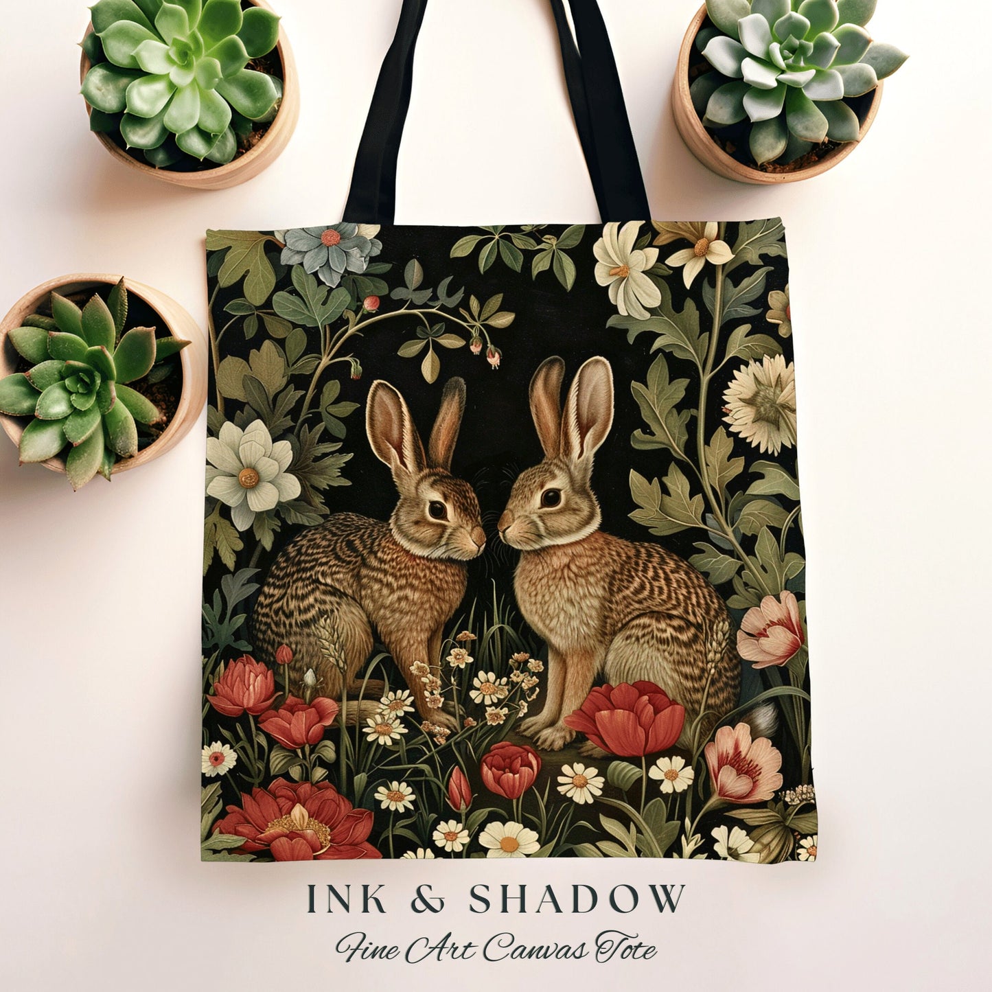 Spring Bunnies Tapestry Tote | Boho Satchel Folk Art Woven Tapestry Bag William Morris Throw Woodland Goth Medieval Aesthetic Fashion