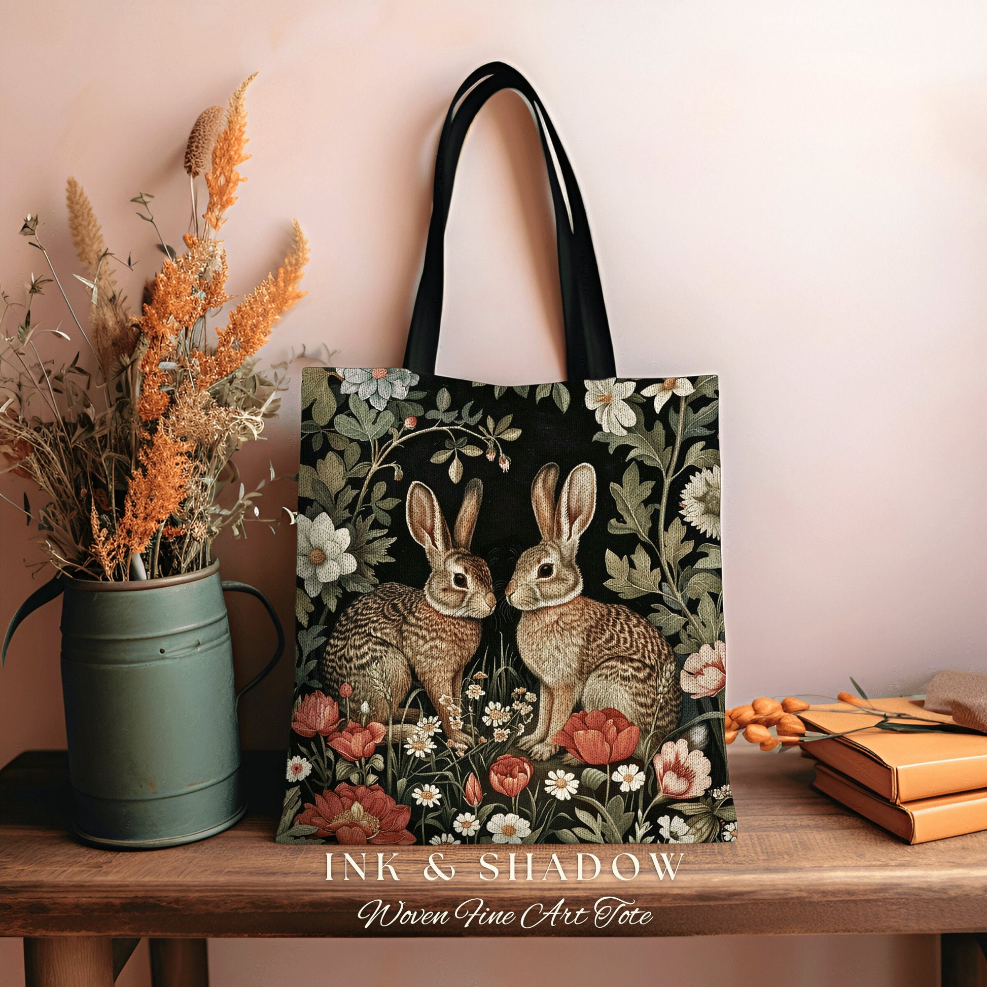 Spring Bunnies Tapestry Tote | Boho Satchel Folk Art Woven Tapestry Bag William Morris Throw Woodland Goth Medieval Aesthetic Fashion