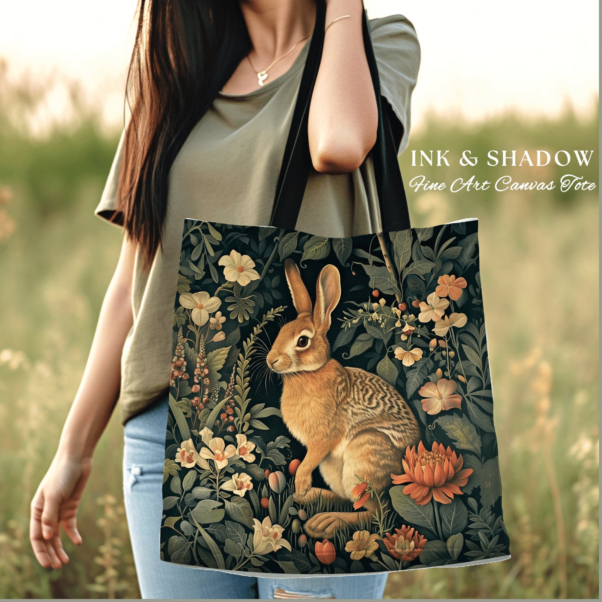 Wildflower Rabbit Tote | Boho Satchel Folk Art Woven Tapestry Bag William Morris Throw Woodland Goth Medieval Aesthetic Spring Fashion