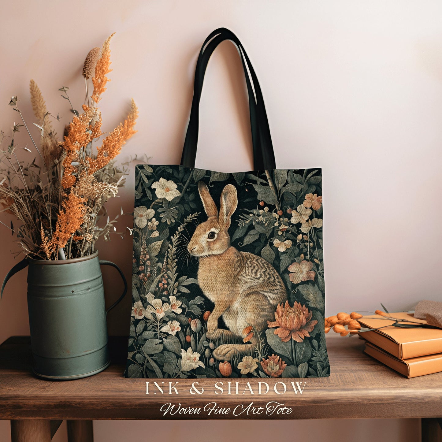 Wildflower Rabbit Tote | Boho Satchel Folk Art Woven Tapestry Bag William Morris Throw Woodland Goth Medieval Aesthetic Spring Fashion