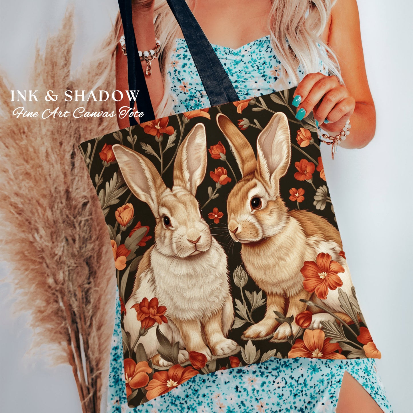 Spring Rabbits Floral Bag | Boho Satchel Folk Art Woven Tapestry Bag William Morris Dark Botanical Aesthetic Spring Gothic Medieval Tote