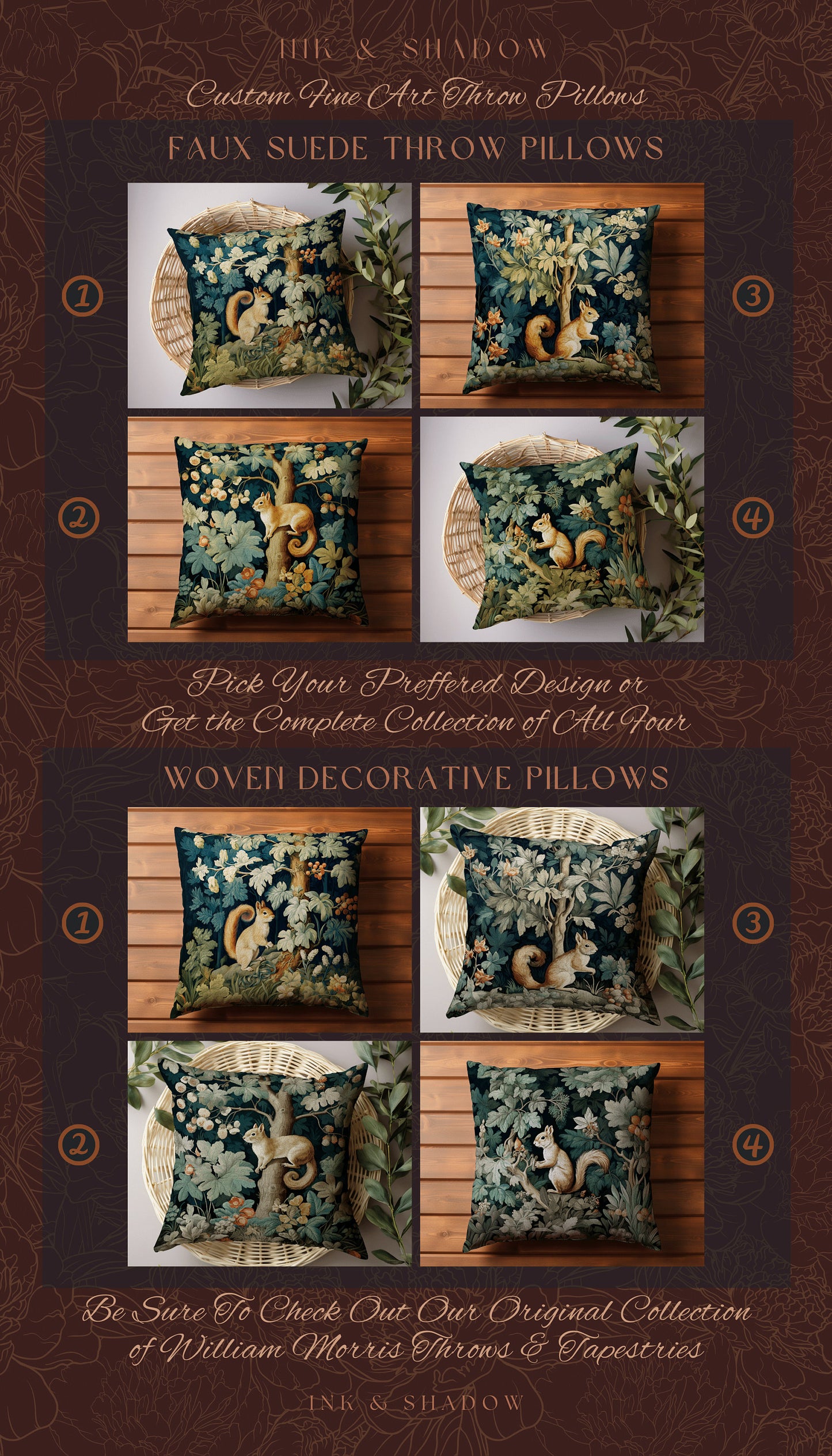 Whimsical Squirrel Pillow Enchanted Woodland Woven Cushion | Vintage Botanical Art Goblincore Forest Decor Fairycore Cottagecore Home Accent