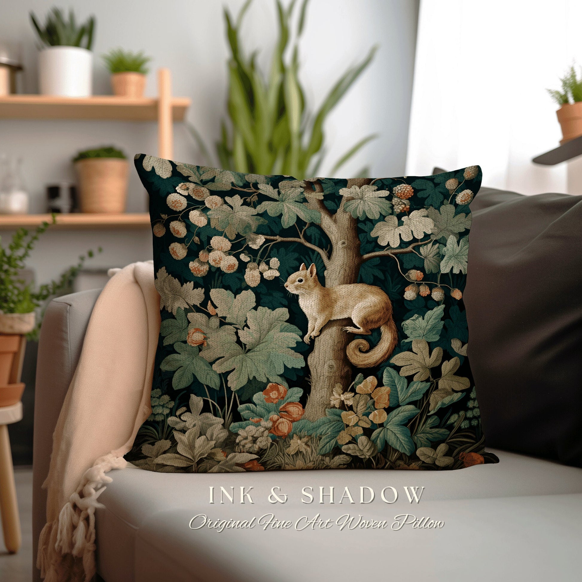 Whimsical Squirrel Pillow Enchanted Woodland Woven Cushion | Vintage Botanical Art Goblincore Forest Decor Fairycore Cottagecore Home Accent