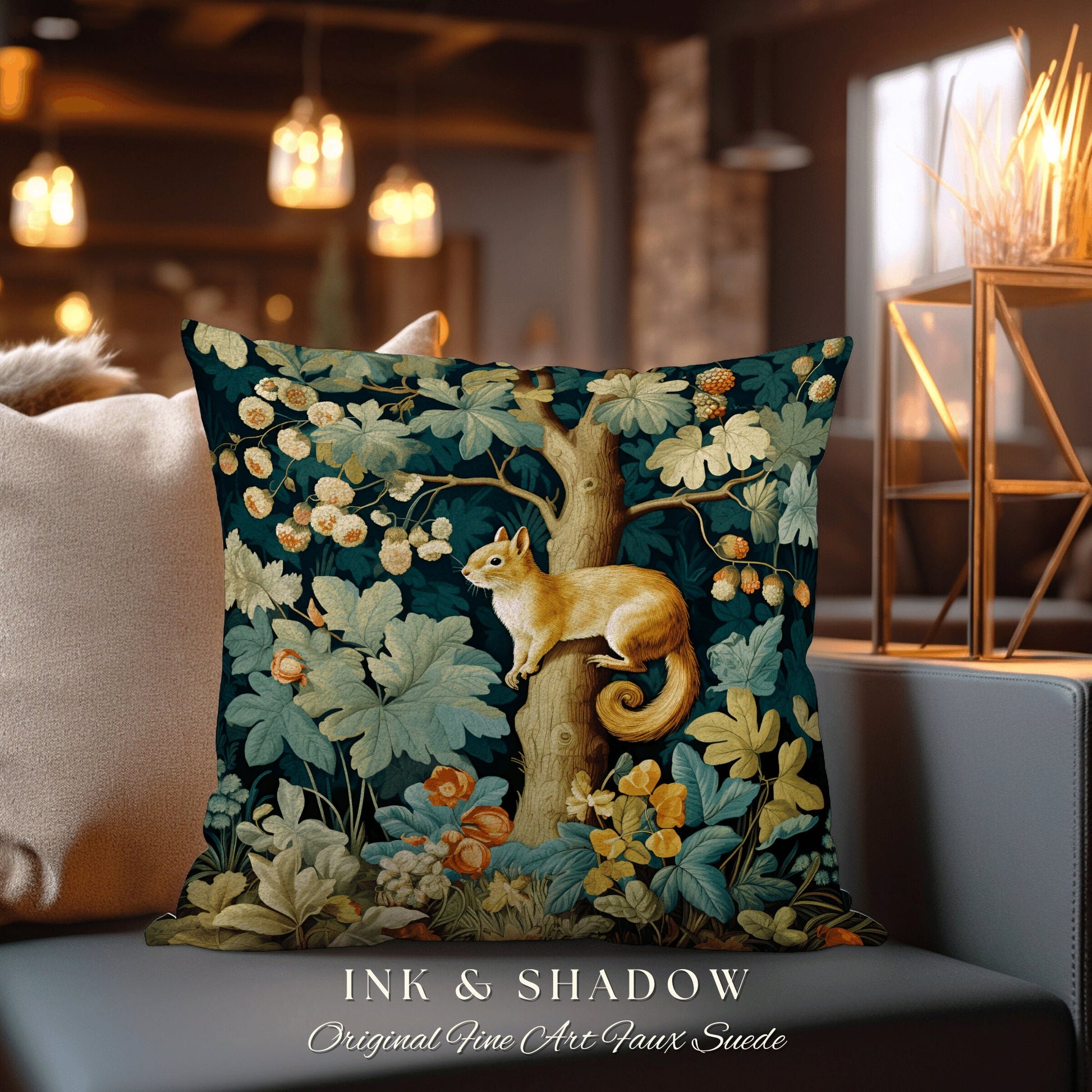 Whimsical Squirrel Pillow Enchanted Woodland Woven Cushion | Vintage Botanical Art Goblincore Forest Decor Fairycore Cottagecore Home Accent