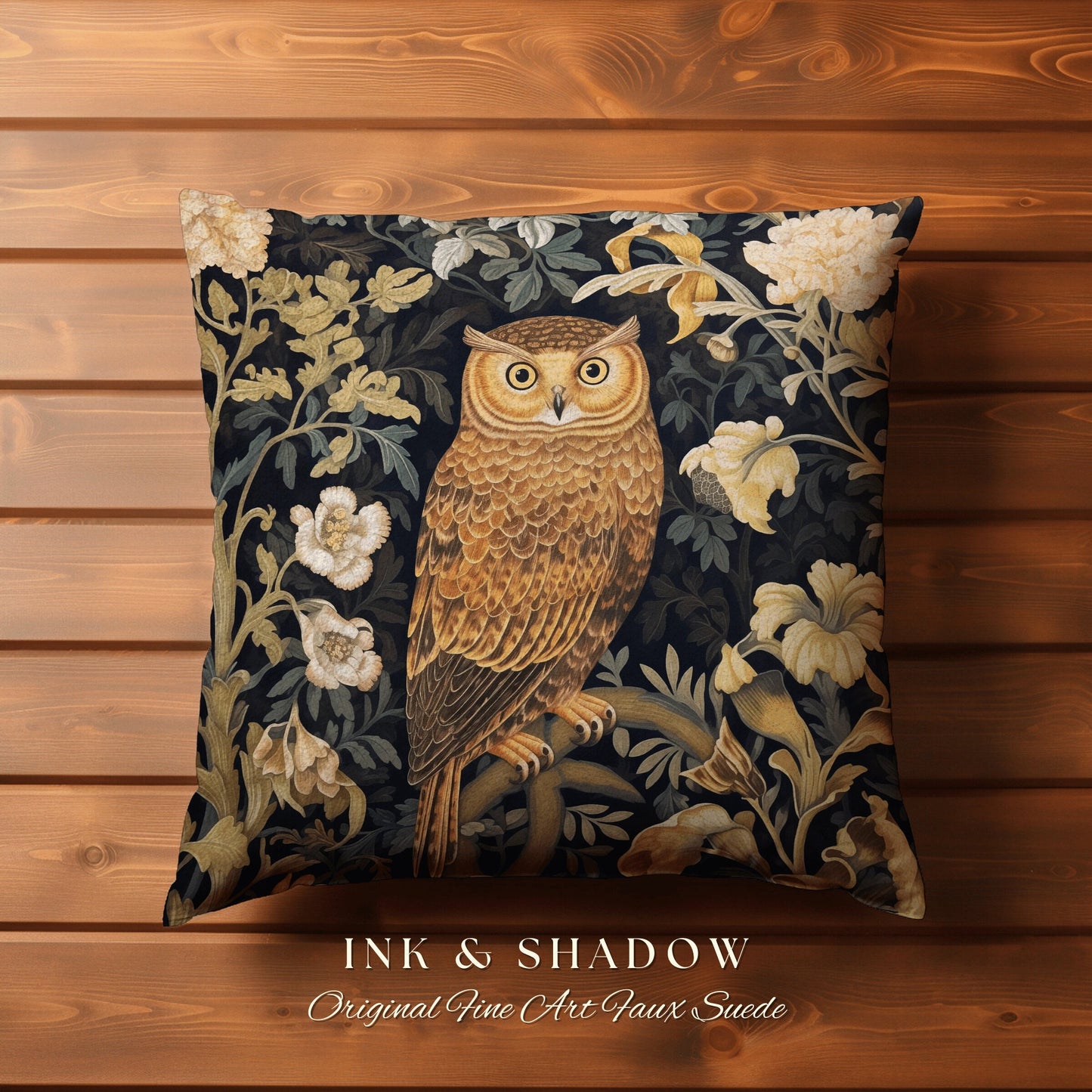 Navy Botanical Owl Pillow | Whimsical William Morris Inspired Throw Pillow Aesthetic Goth Woven Pillow Victorian Fairy Core Owl Decor Floral