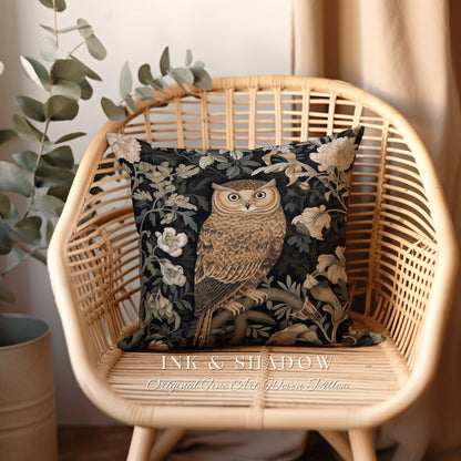 Navy Botanical Owl Pillow | Whimsical William Morris Inspired Throw Pillow Aesthetic Goth Woven Pillow Victorian Fairy Core Owl Decor Floral