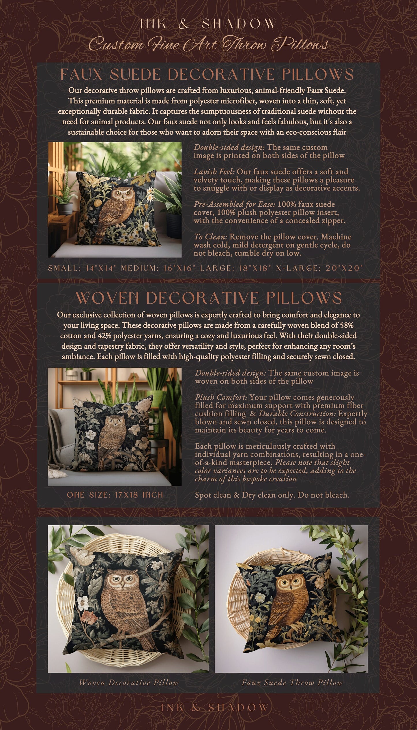 Navy Botanical Owl Pillow | Whimsical William Morris Inspired Throw Pillow Aesthetic Goth Woven Pillow Victorian Fairy Core Owl Decor Floral