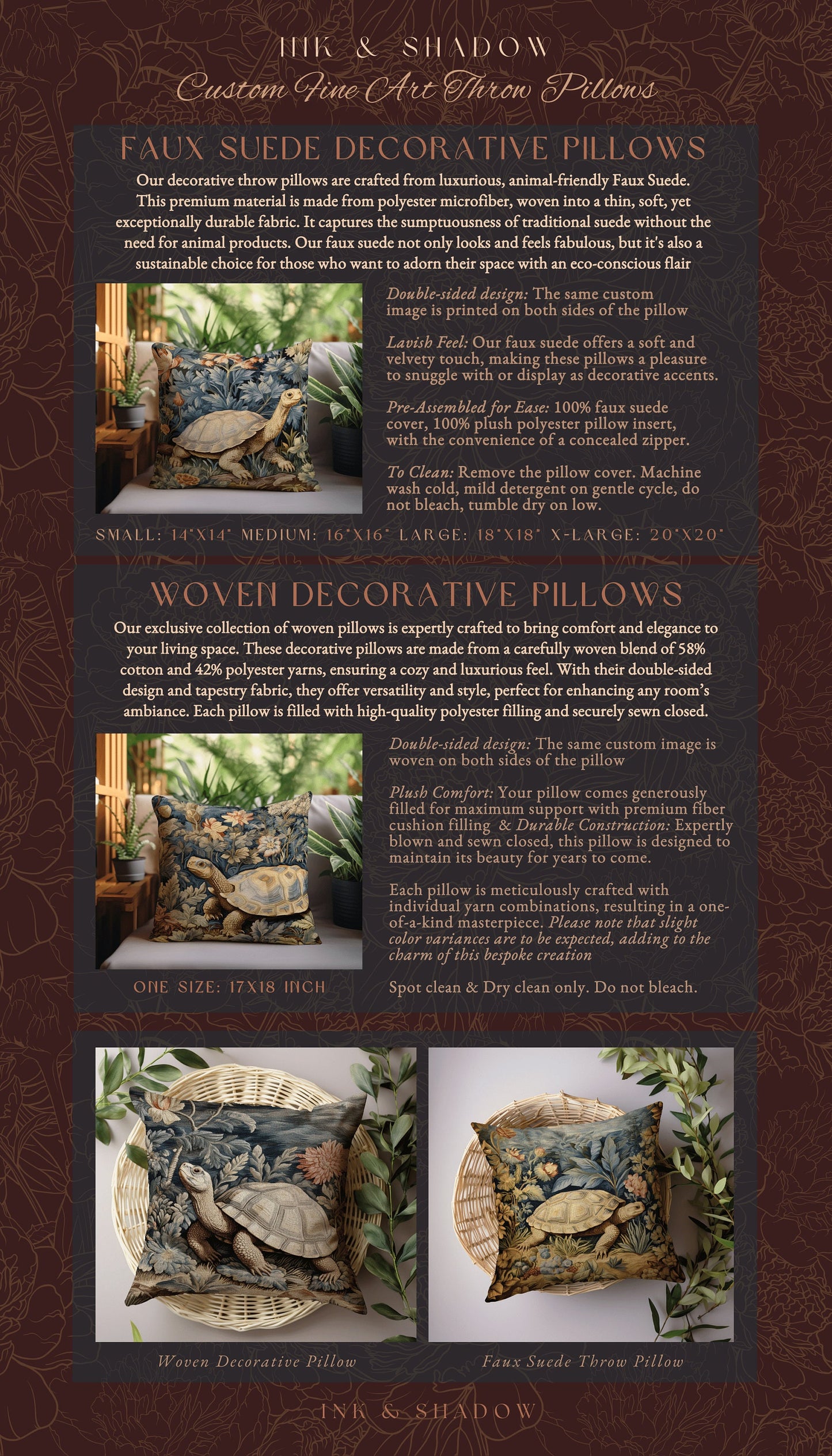 Woodland Botanical Tortoise Pillow | Mushroomcore Pillow William Morris Inspired Boho Decor Crowcore Pillow Fairy Aesthetic Pillow Morris