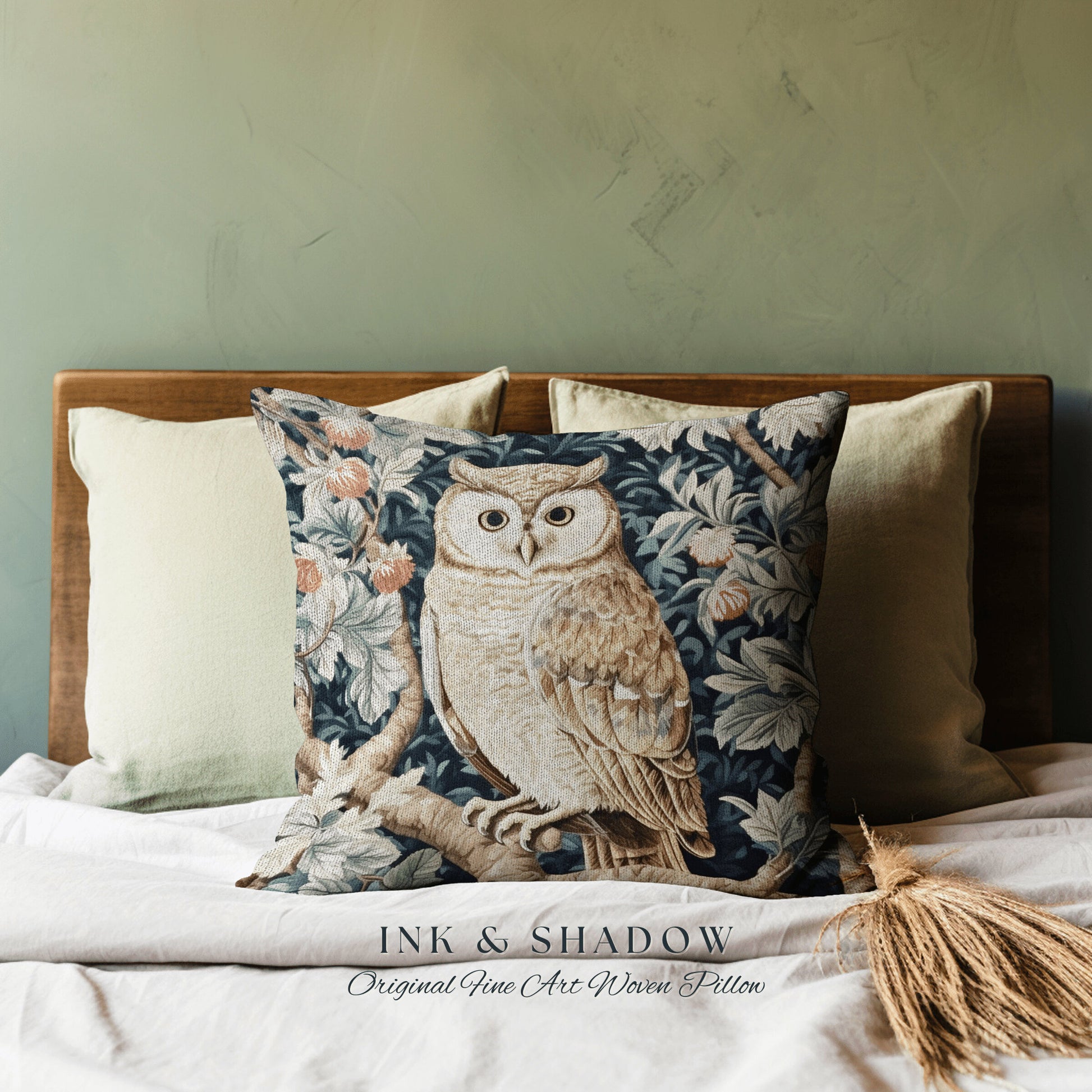 Pastel Floral Gothic Owl Pillow | Whimsical William Morris Inspired Soft Aesthetic Botanical Spring Decorating Pillow Victorian Owl Gift |