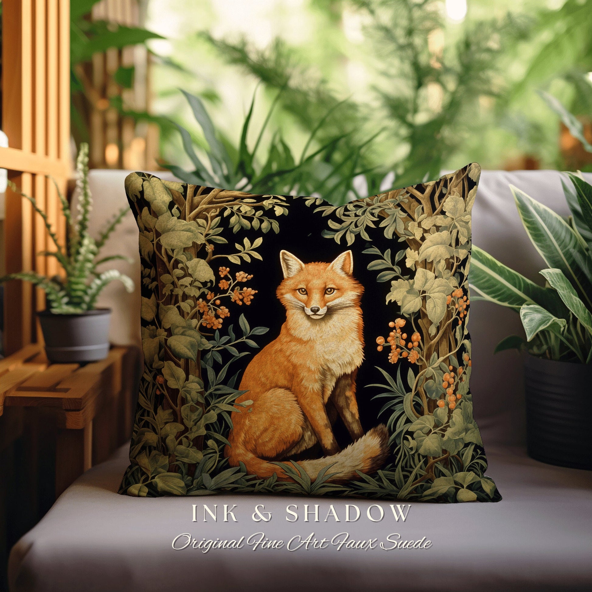 Dark Forest Fox Pillow Moody Botanical | Dark Academia William Morris Inspired Cushion Goth Aesthetic Medieval Woven Pillow Victorian Fox