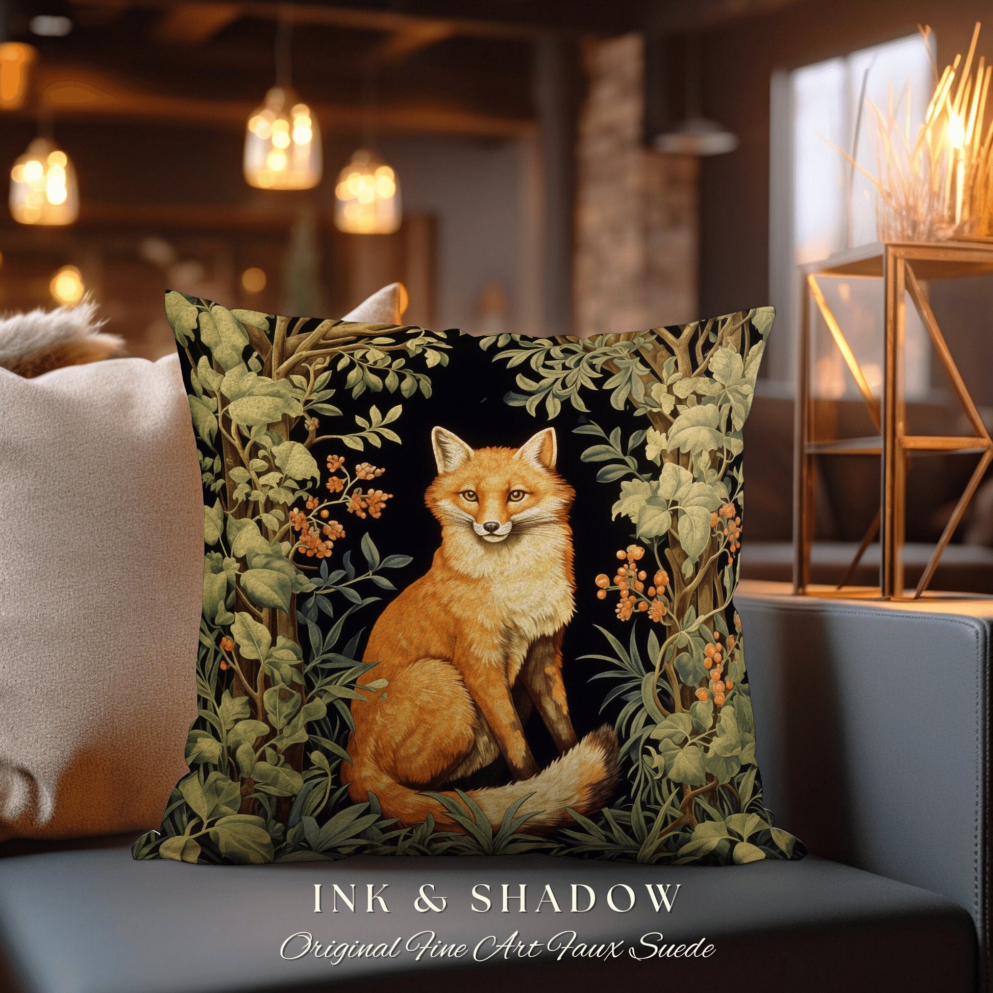 Dark Forest Fox Pillow Moody Botanical | Dark Academia William Morris Inspired Cushion Goth Aesthetic Medieval Woven Pillow Victorian Fox