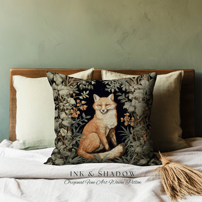 Dark Forest Fox Pillow Moody Botanical | Dark Academia William Morris Inspired Cushion Goth Aesthetic Medieval Woven Pillow Victorian Fox