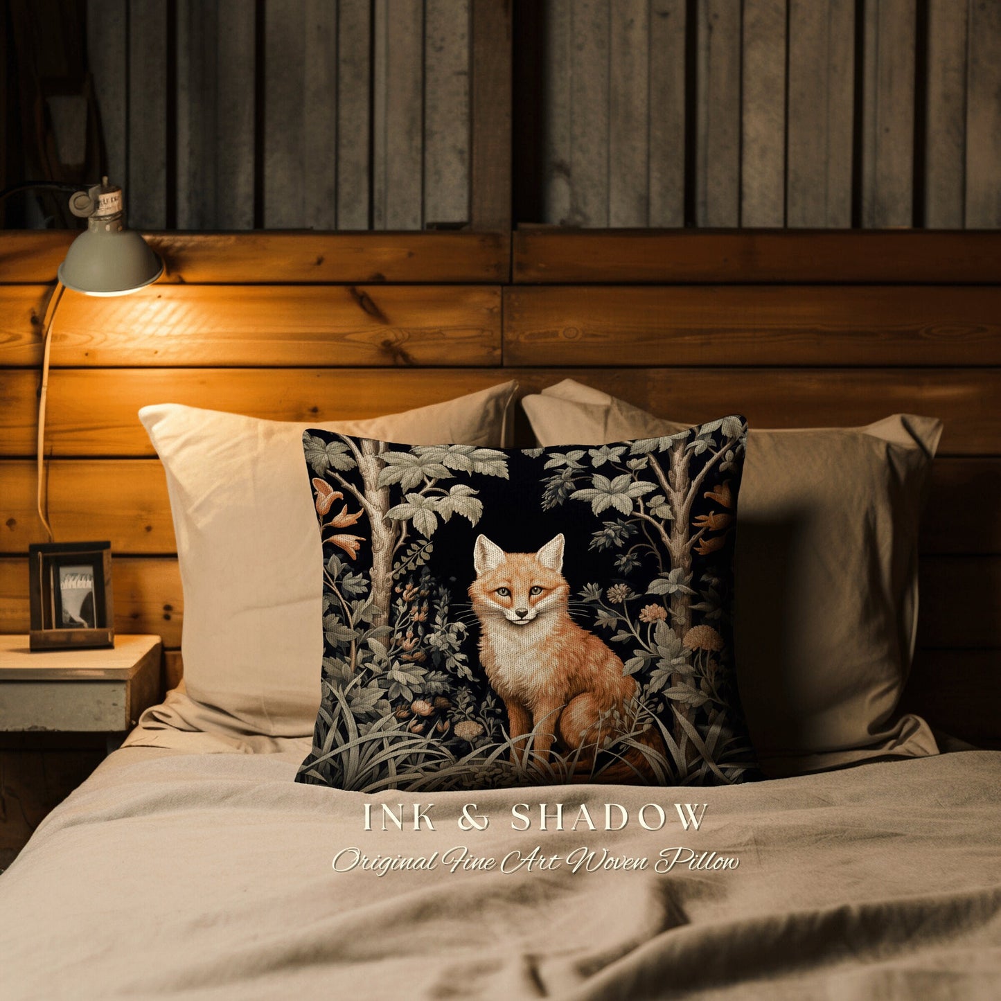 Fox Throw Pillow Woodland | Dark Academia William Morris Inspired Pillow Aesthetic Medieval Woven Pillow Victorian Gothic Fox Botanical |