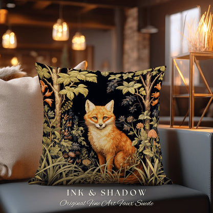 Fox Throw Pillow Woodland | Dark Academia William Morris Inspired Pillow Aesthetic Medieval Woven Pillow Victorian Gothic Fox Botanical |