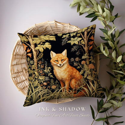 Fox Throw Pillow Woodland | Dark Academia William Morris Inspired Pillow Aesthetic Medieval Woven Pillow Victorian Gothic Fox Botanical |