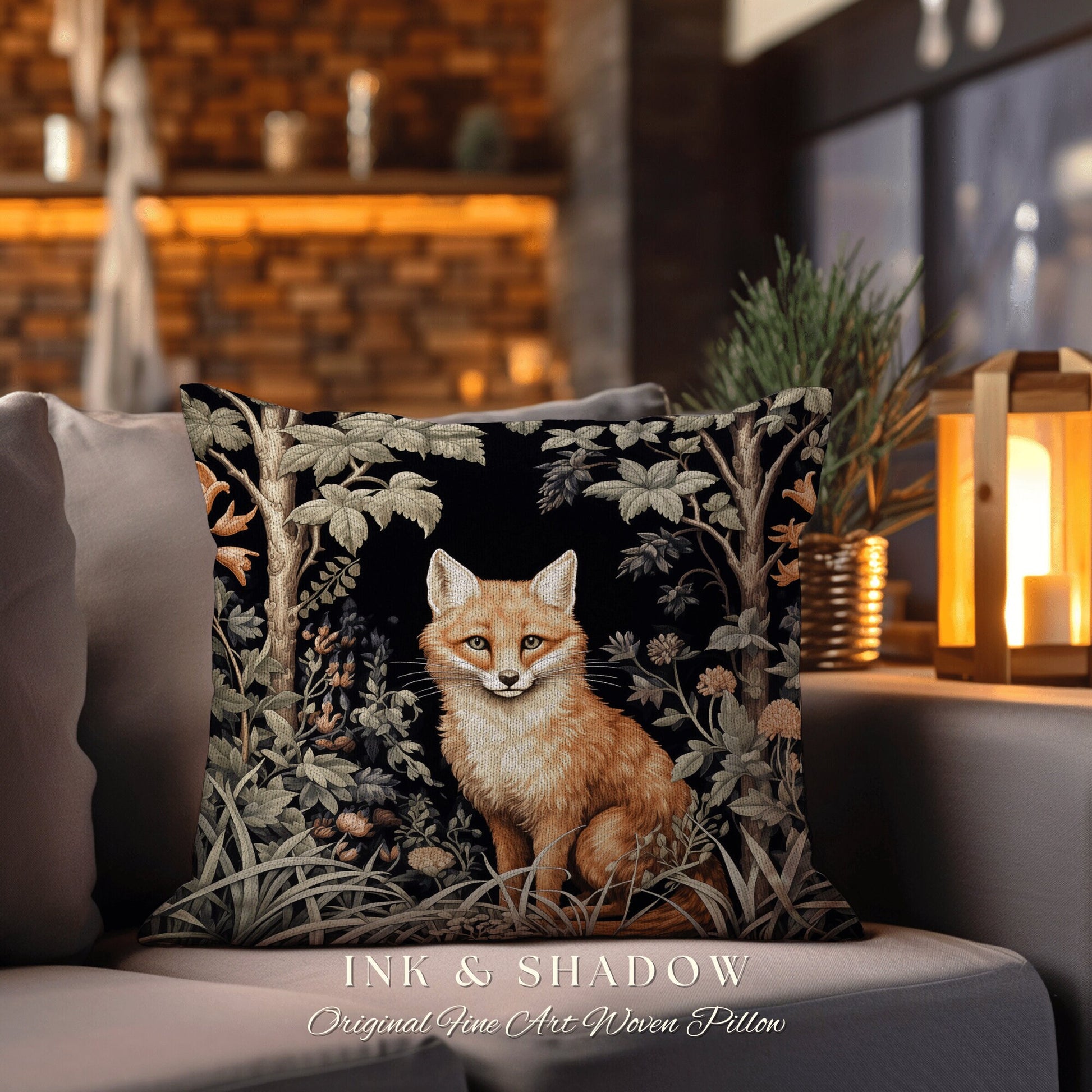 Fox Throw Pillow Woodland | Dark Academia William Morris Inspired Pillow Aesthetic Medieval Woven Pillow Victorian Gothic Fox Botanical |