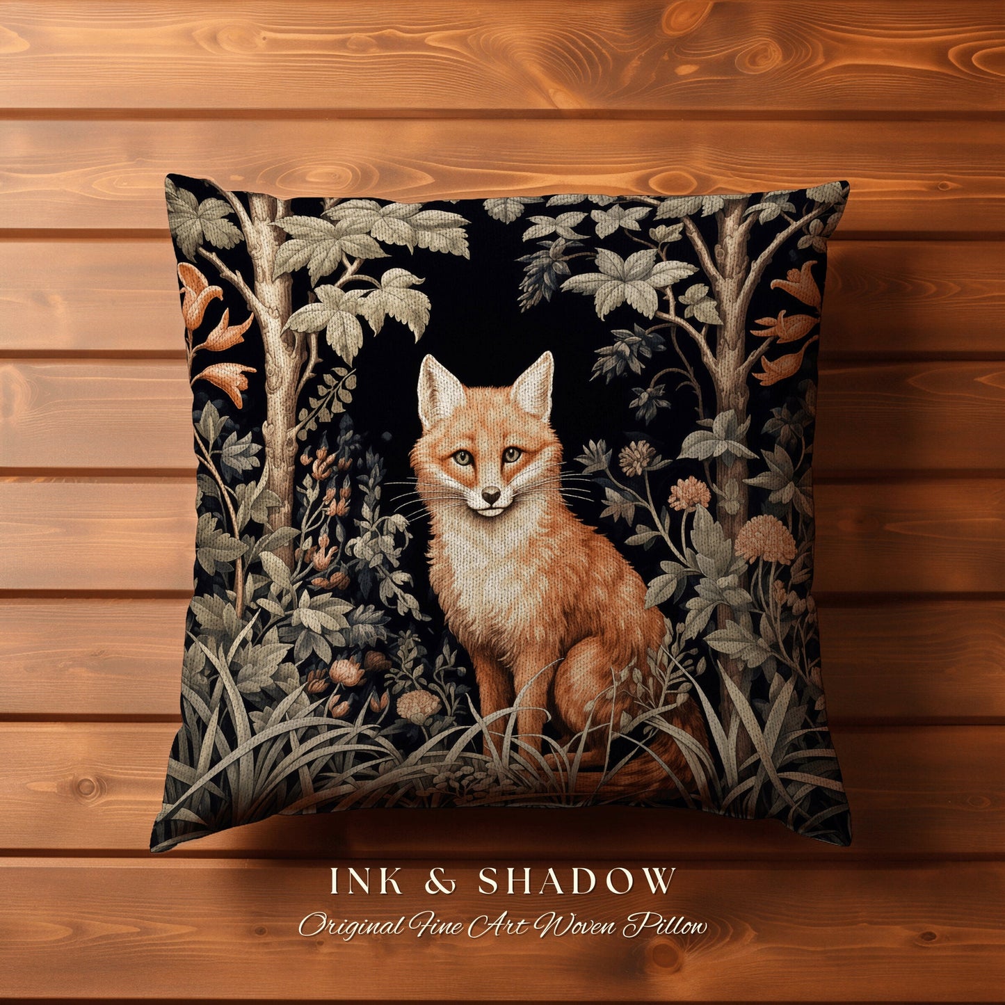 Fox Throw Pillow Woodland | Dark Academia William Morris Inspired Pillow Aesthetic Medieval Woven Pillow Victorian Gothic Fox Botanical |