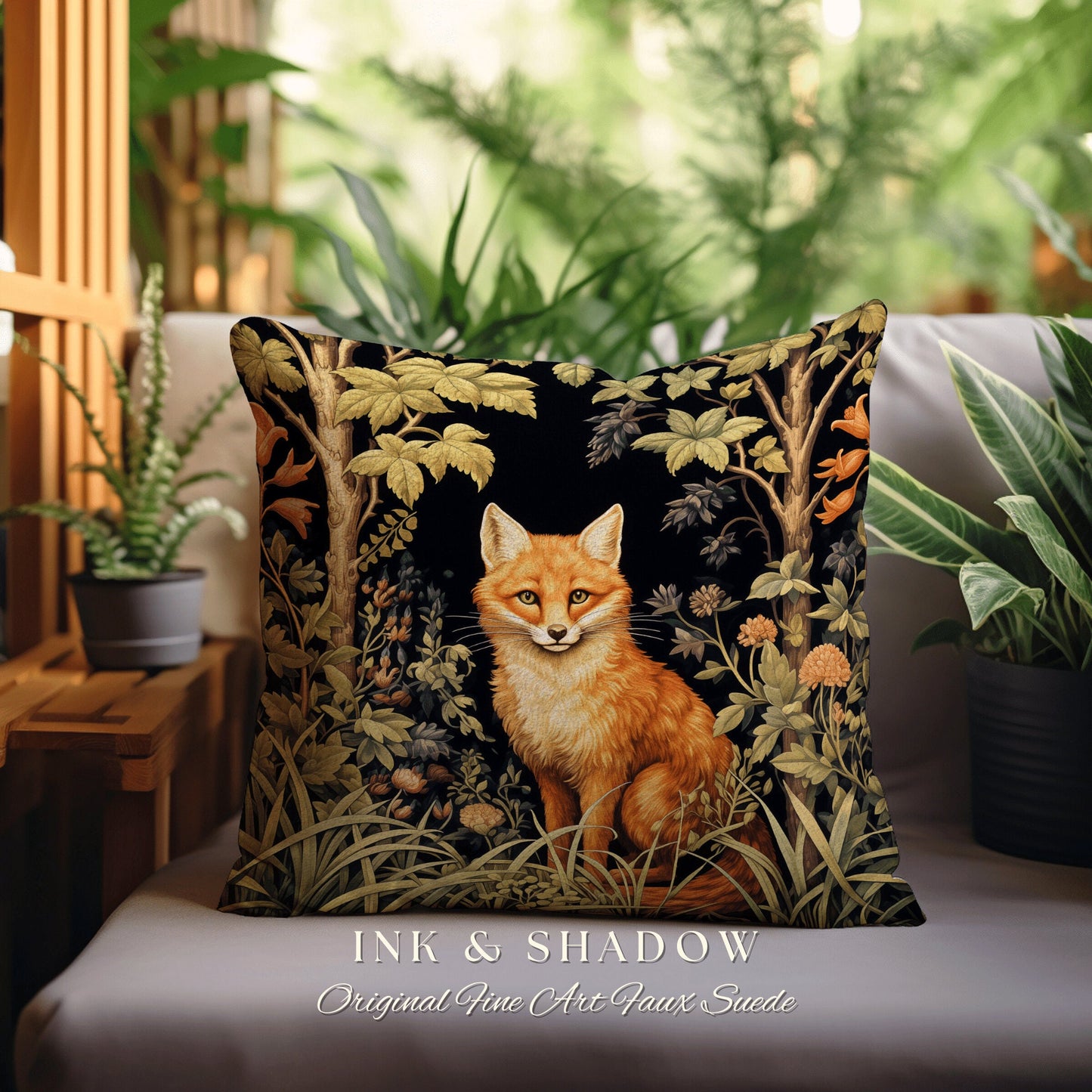 Fox Throw Pillow Woodland | Dark Academia William Morris Inspired Pillow Aesthetic Medieval Woven Pillow Victorian Gothic Fox Botanical |