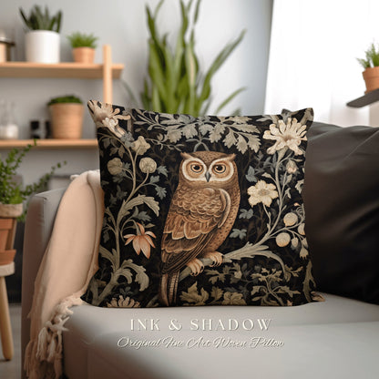 Whimsigoth Owl Woven Pillow | Whimsical William Morris Inspired Boho Aesthetic Botanical Spring Decorating Pillow Woven Victorian Owl |