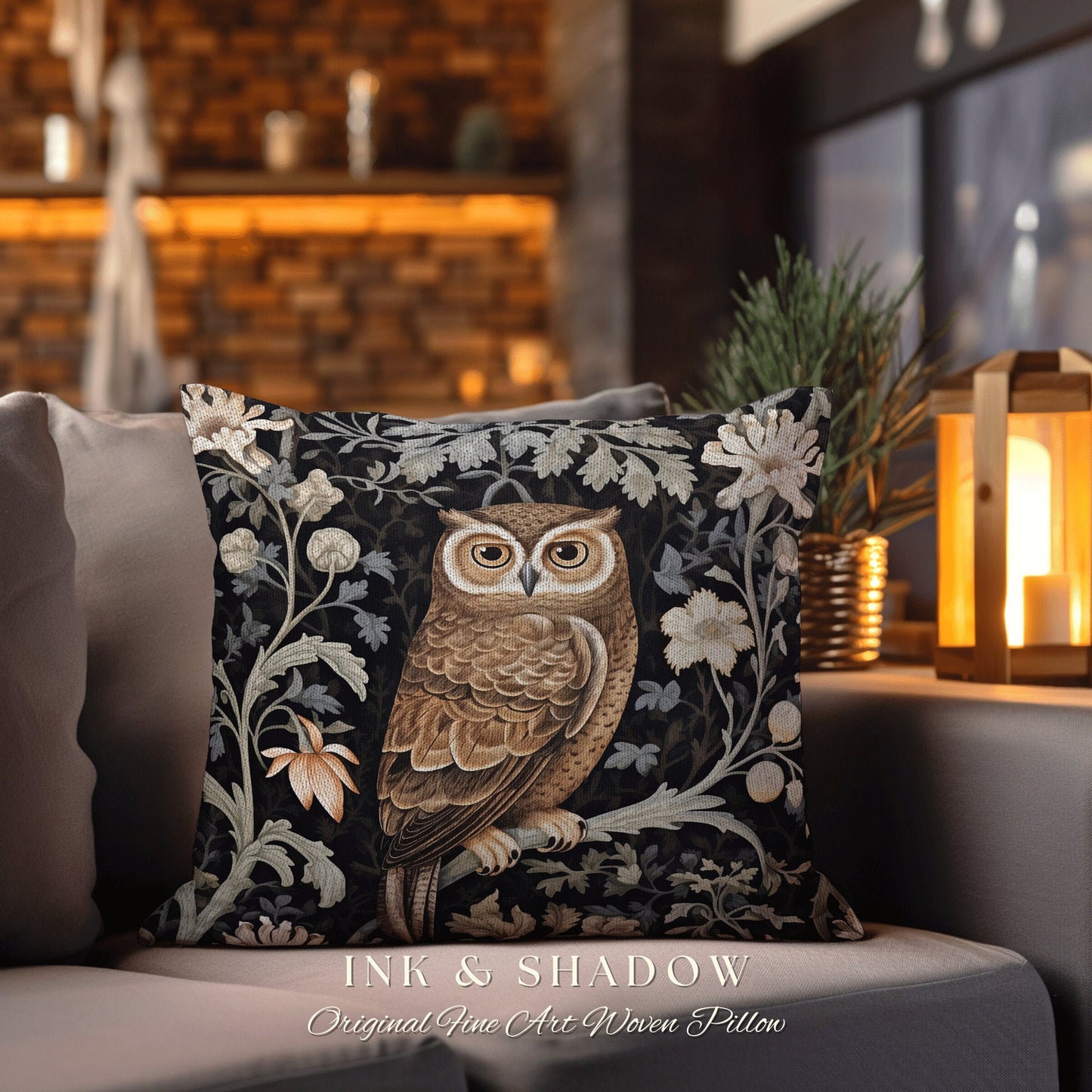 Whimsigoth Owl Woven Pillow | Whimsical William Morris Inspired Boho Aesthetic Botanical Spring Decorating Pillow Woven Victorian Owl |