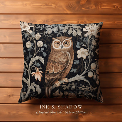 Whimsigoth Owl Woven Pillow | Whimsical William Morris Inspired Boho Aesthetic Botanical Spring Decorating Pillow Woven Victorian Owl |