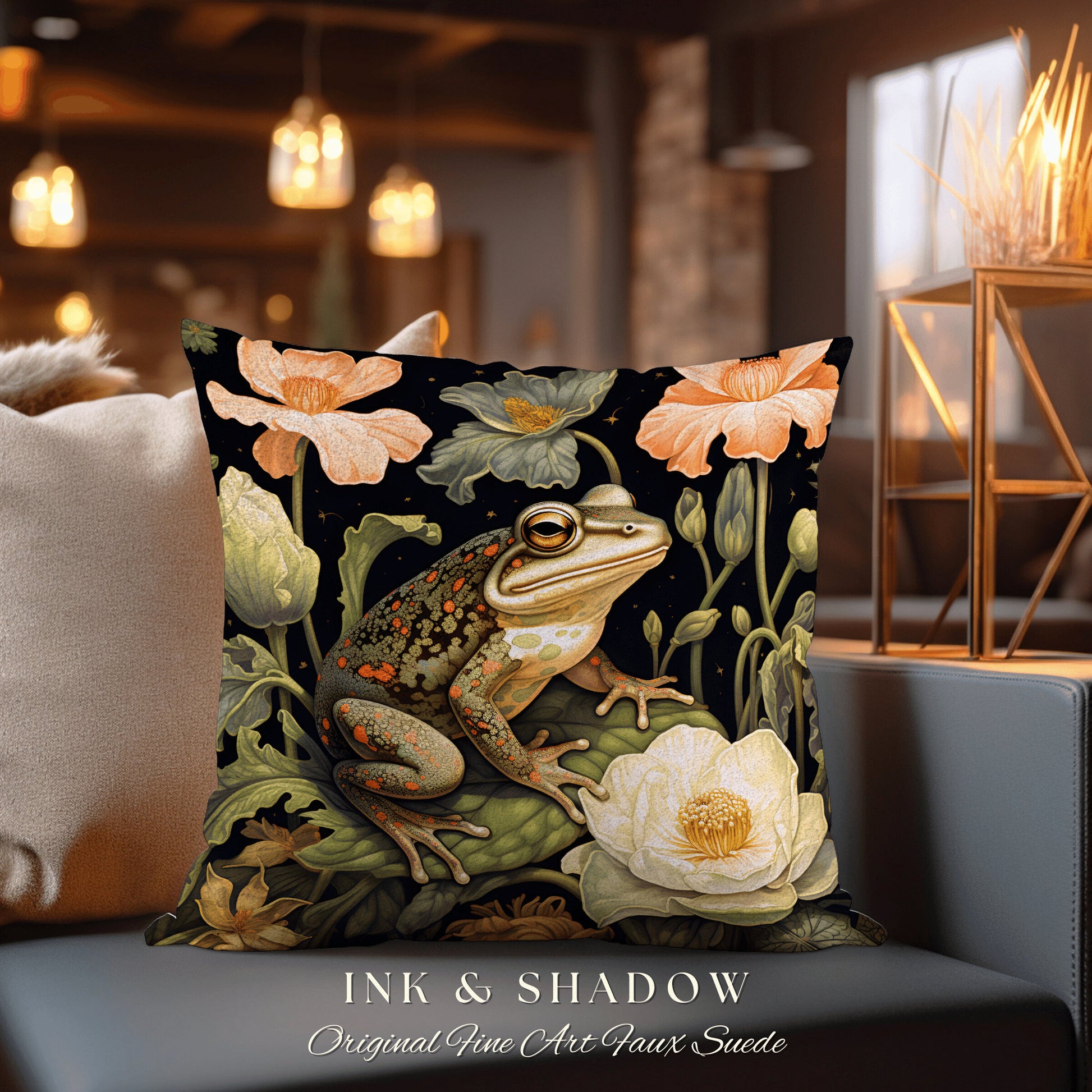 Goblincore Frog Pillow Woven | Mushroomcore Gift William Morris Inspired Woodland Decor Crowcore Pillow Fairy Aesthetic Pillow Dark Academia