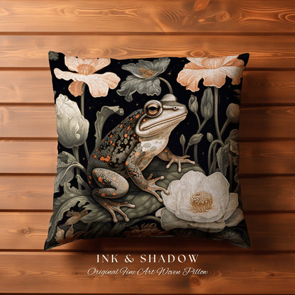 Goblincore Frog Pillow Woven | Mushroomcore Gift William Morris Inspired Woodland Decor Crowcore Pillow Fairy Aesthetic Pillow Dark Academia