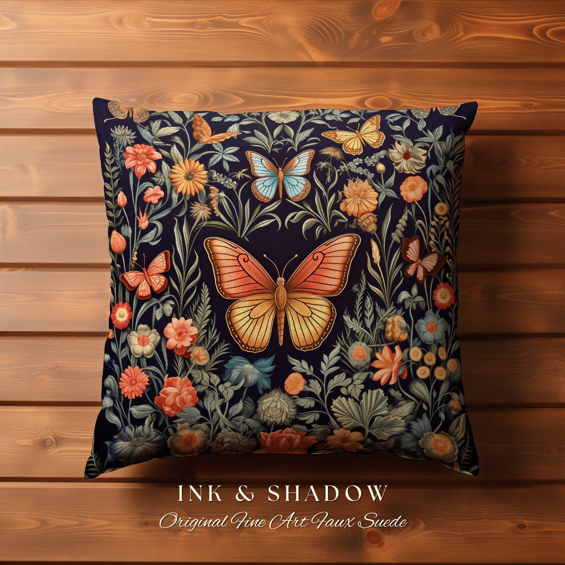 Fairycore Butterfly Woven Pillow | Woodland Maximalist Cushion Dark Cottagecore Decor William Morris Style Forestcore Floral Moth Folk Art