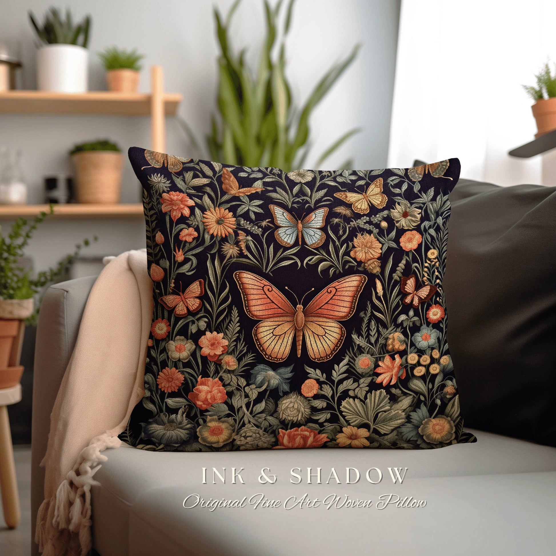 Fairycore Butterfly Woven Pillow | Woodland Maximalist Cushion Dark Cottagecore Decor William Morris Style Forestcore Floral Moth Folk Art