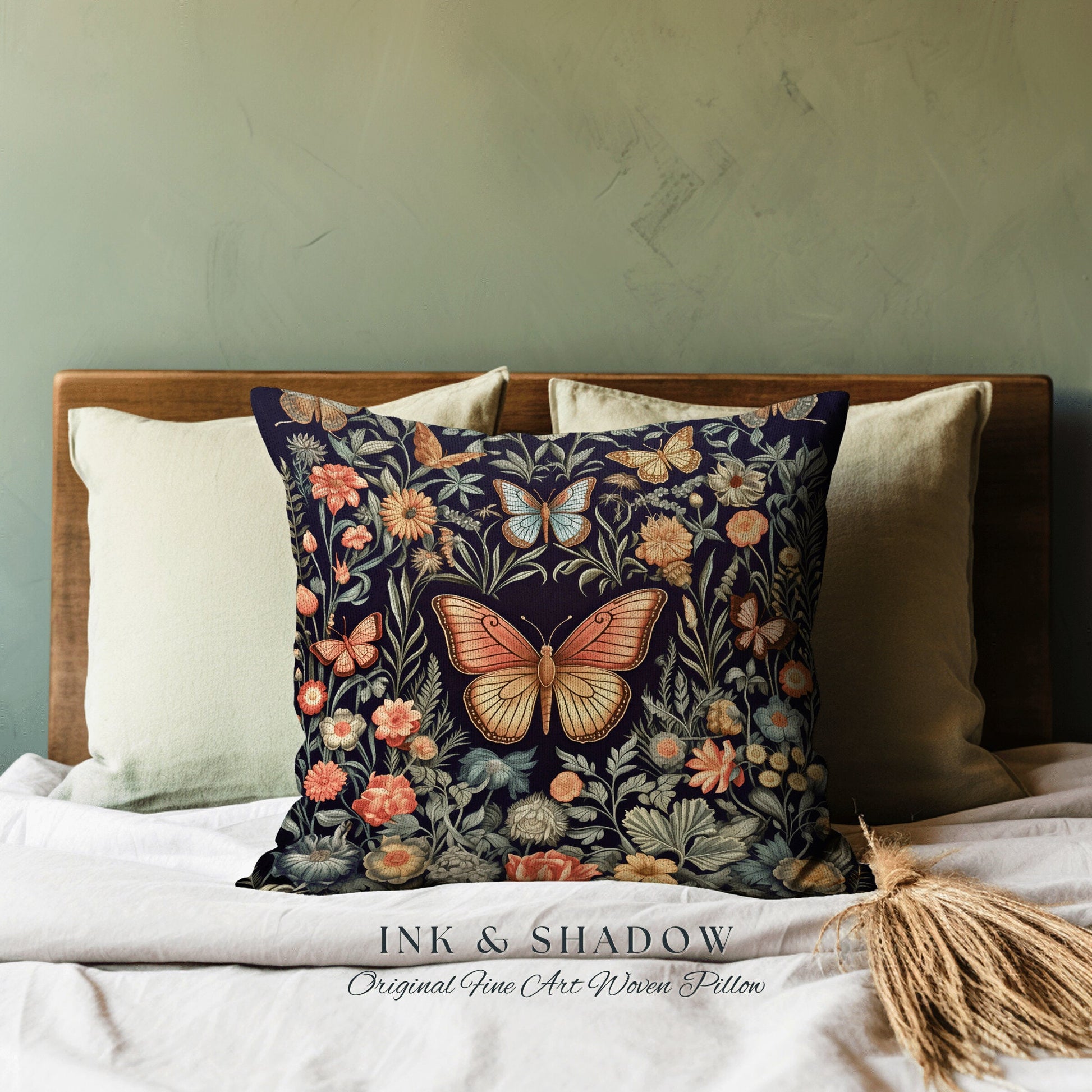 Fairycore Butterfly Woven Pillow | Woodland Maximalist Cushion Dark Cottagecore Decor William Morris Style Forestcore Floral Moth Folk Art