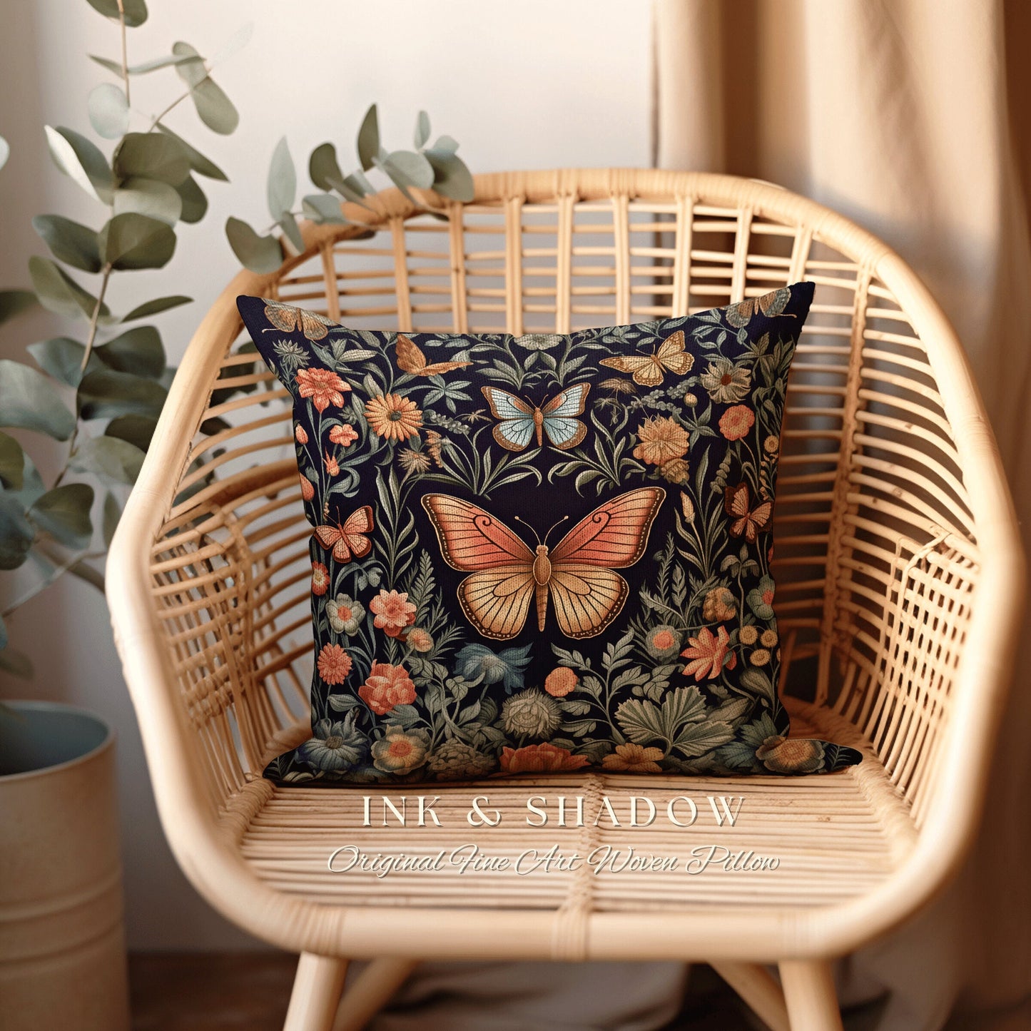 Fairycore Butterfly Woven Pillow | Woodland Maximalist Cushion Dark Cottagecore Decor William Morris Style Forestcore Floral Moth Folk Art