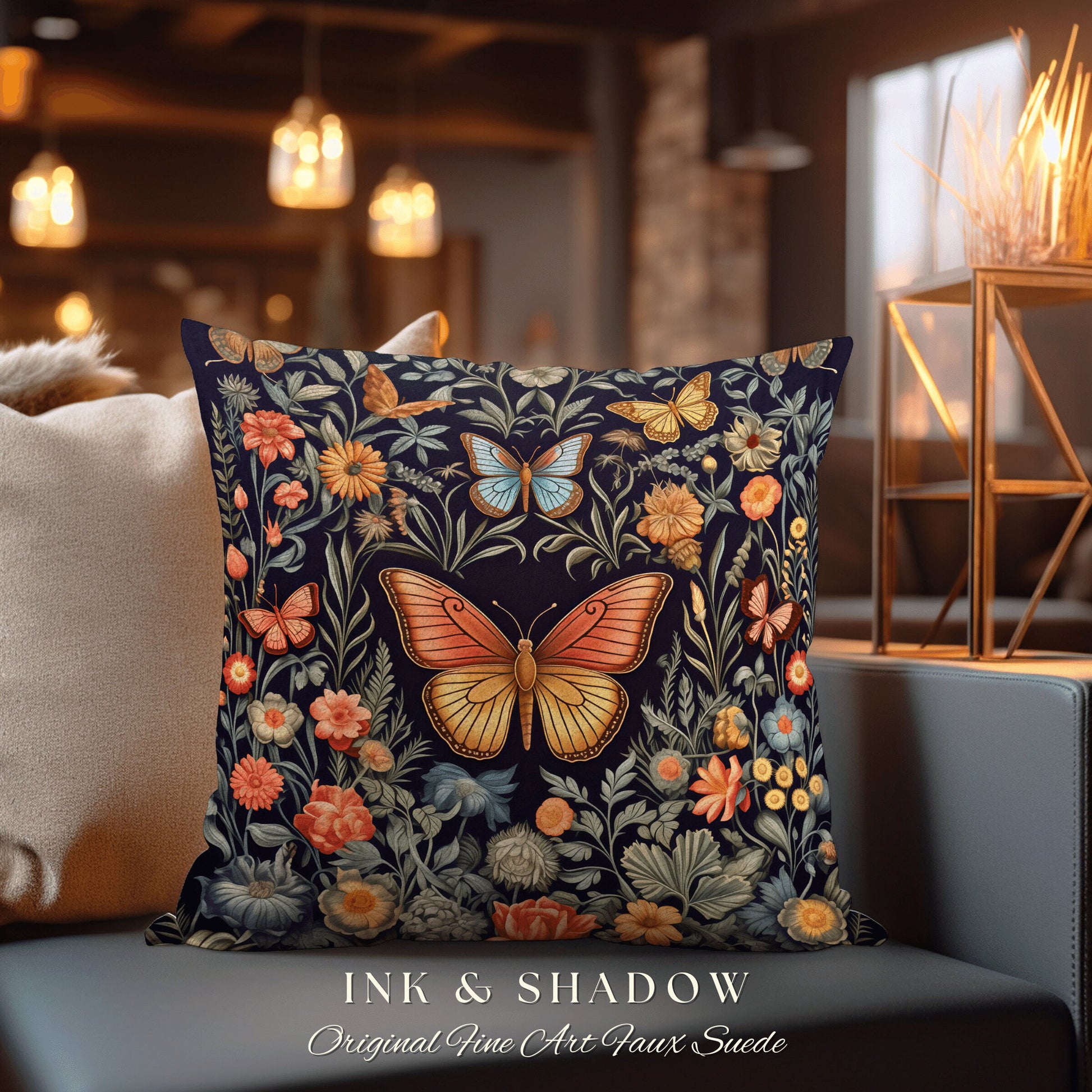 Fairycore Butterfly Woven Pillow | Woodland Maximalist Cushion Dark Cottagecore Decor William Morris Style Forestcore Floral Moth Folk Art