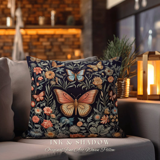 Fairycore Pillow Woven Pillow | Woodland Maximalist Cushion Woven Decor William Morris Style Forestcore Bedroom Dark Cottagecore Moth