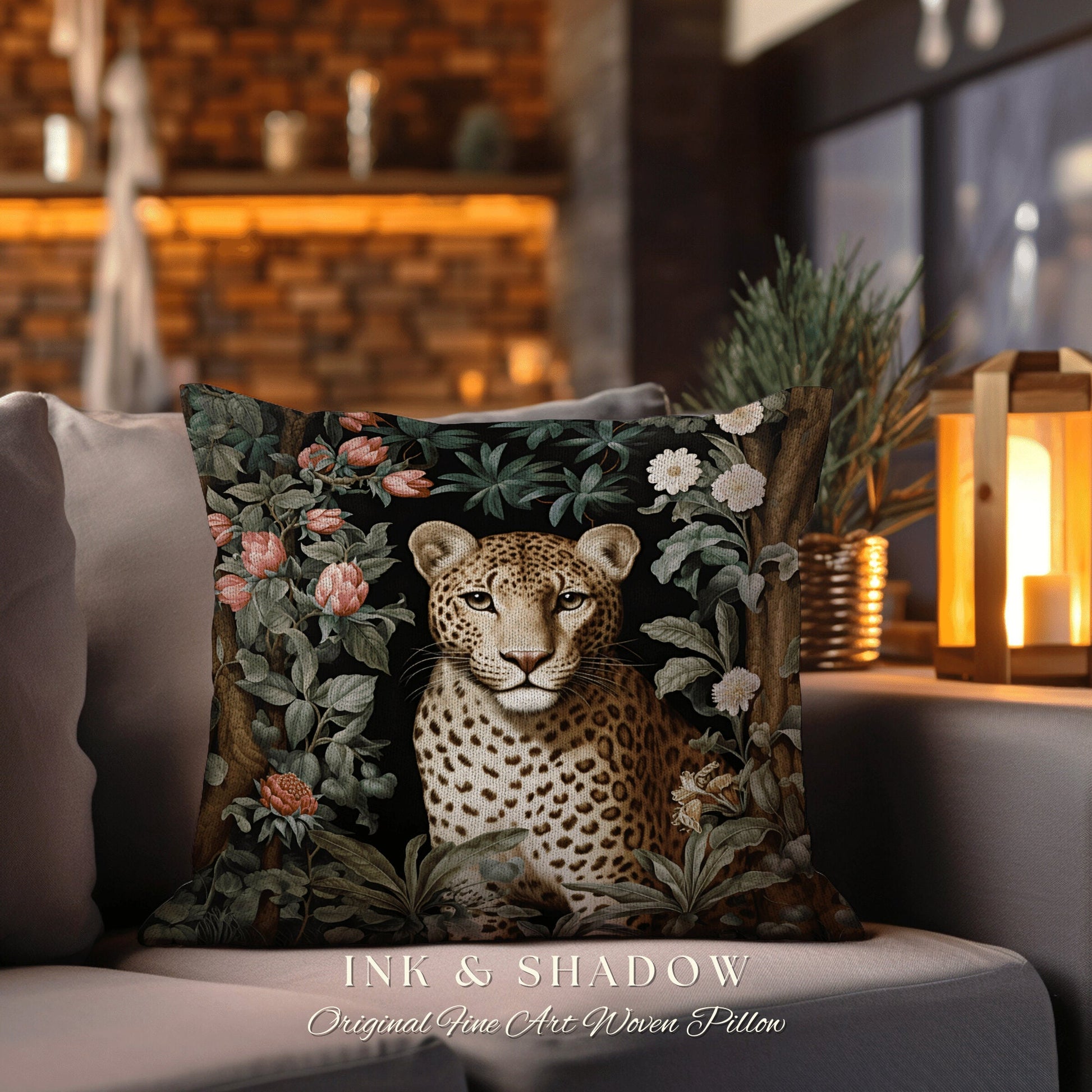 Woven Cheetah Pillow | Dark Academia Tapestry Pillow William Morris Cushion Woodland Gothic Botanical Jungle Aesthetic Leopard Home Decor