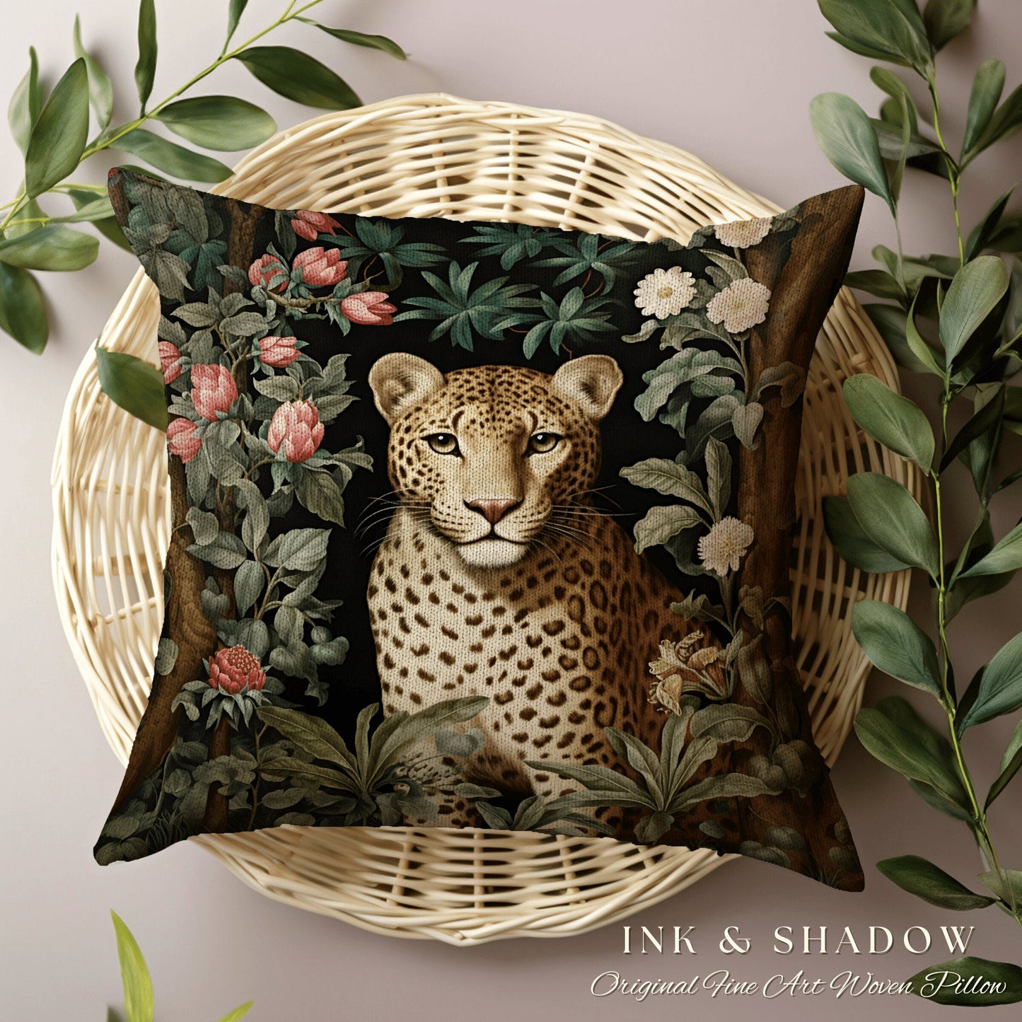 Woven Cheetah Pillow | Dark Academia Tapestry Pillow William Morris Cushion Woodland Gothic Botanical Jungle Aesthetic Leopard Home Decor