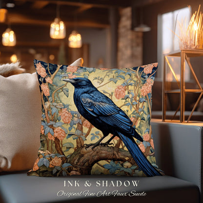 Pastel Gothic Throw Pillow | Dark Academia Gift William Morris Art Accent Pillow Raven Crowcore Cushion for Maximalist Rustic Woodland