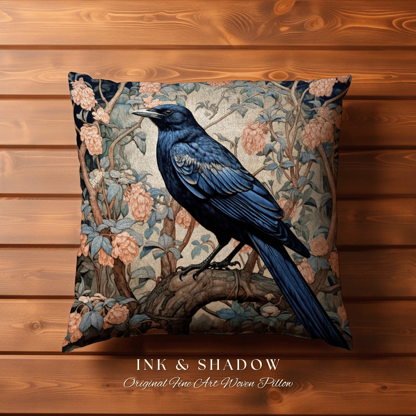 Pastel Gothic Throw Pillow | Dark Academia Gift William Morris Art Accent Pillow Raven Crowcore Cushion for Maximalist Rustic Woodland