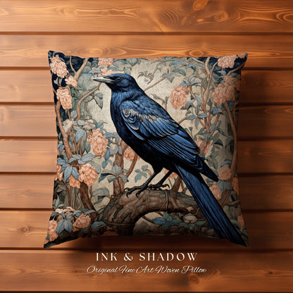 Pastel Gothic Throw Pillow | Dark Academia Gift William Morris Art Accent Pillow Raven Crowcore Cushion for Maximalist Rustic Woodland