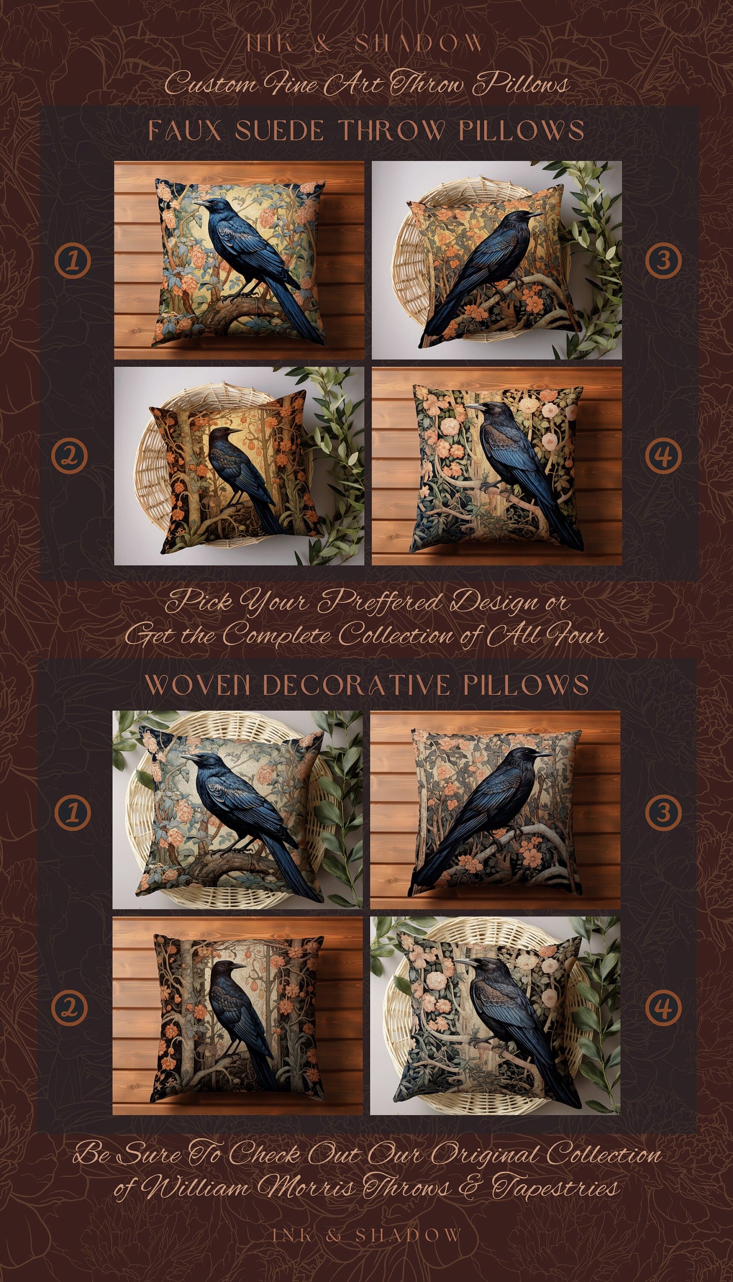 Pastel Gothic Throw Pillow | Dark Academia Gift William Morris Art Accent Pillow Raven Crowcore Cushion for Maximalist Rustic Woodland