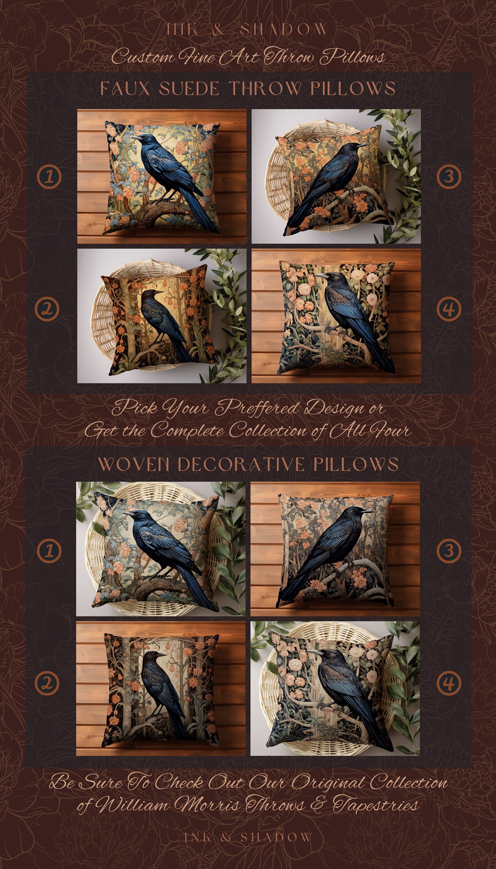 Pastel Gothic Throw Pillow | Dark Academia Gift William Morris Art Accent Pillow Raven Crowcore Cushion for Maximalist Rustic Woodland