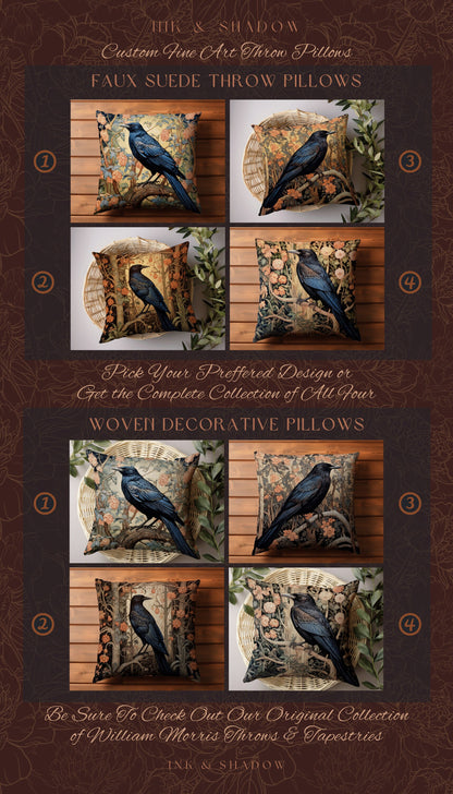 Pastel Gothic Throw Pillow | Dark Academia Gift William Morris Art Accent Pillow Raven Crowcore Cushion for Maximalist Rustic Woodland