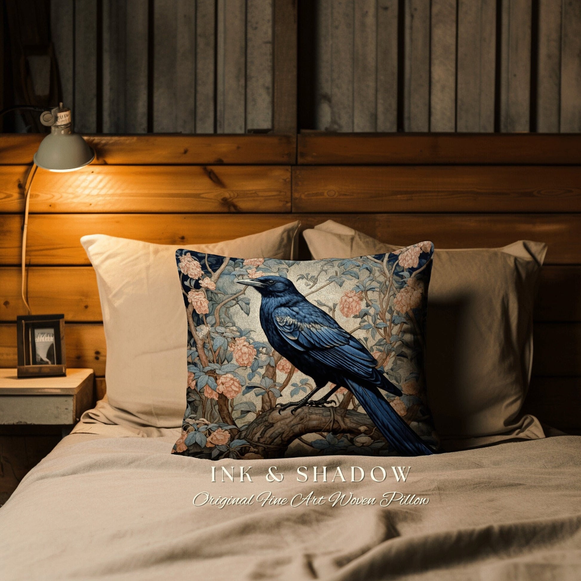 Pastel Gothic Throw Pillow | Dark Academia Gift William Morris Art Accent Pillow Raven Crowcore Cushion for Maximalist Rustic Woodland