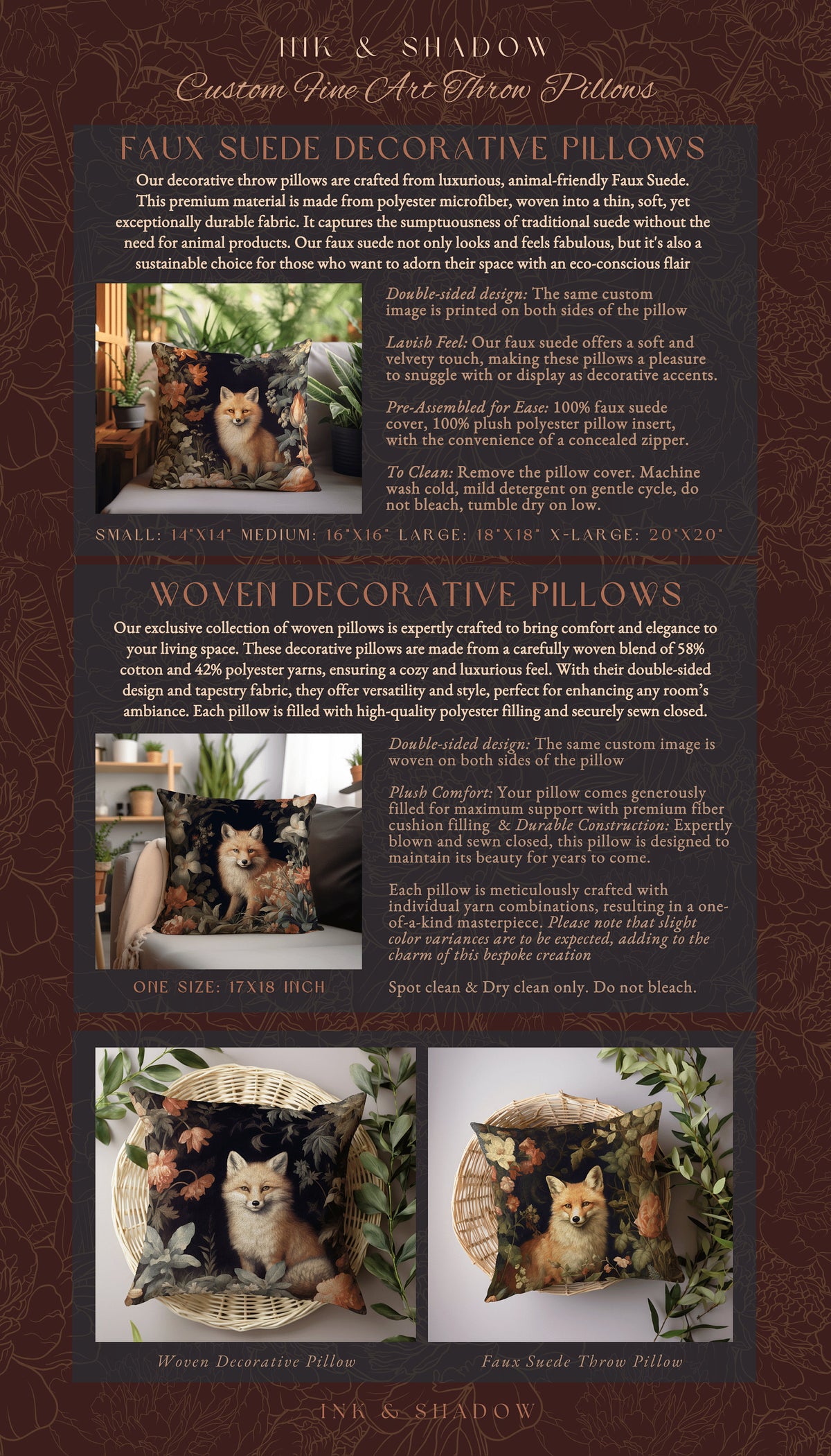 Dark Botanical Fox Pillow | Dark Academia William Morris Inspired Pillow Aesthetic Medieval Woven Pillow Victorian Gothic Fox Folk Art |