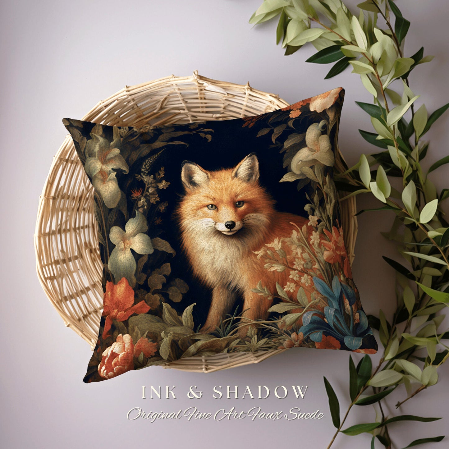 Floral Elegance Fox Pillow | Dark Academia William Morris Inspired Cushion Goth Aesthetic Woven Pillow Victorian Fox Botanical Forest Spirit