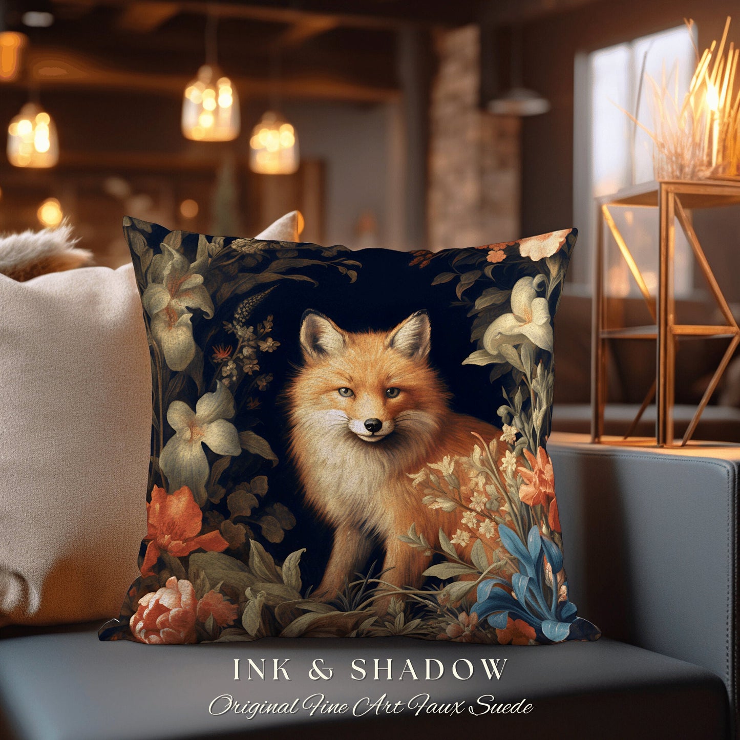 Floral Elegance Fox Pillow | Dark Academia William Morris Inspired Cushion Goth Aesthetic Woven Pillow Victorian Fox Botanical Forest Spirit