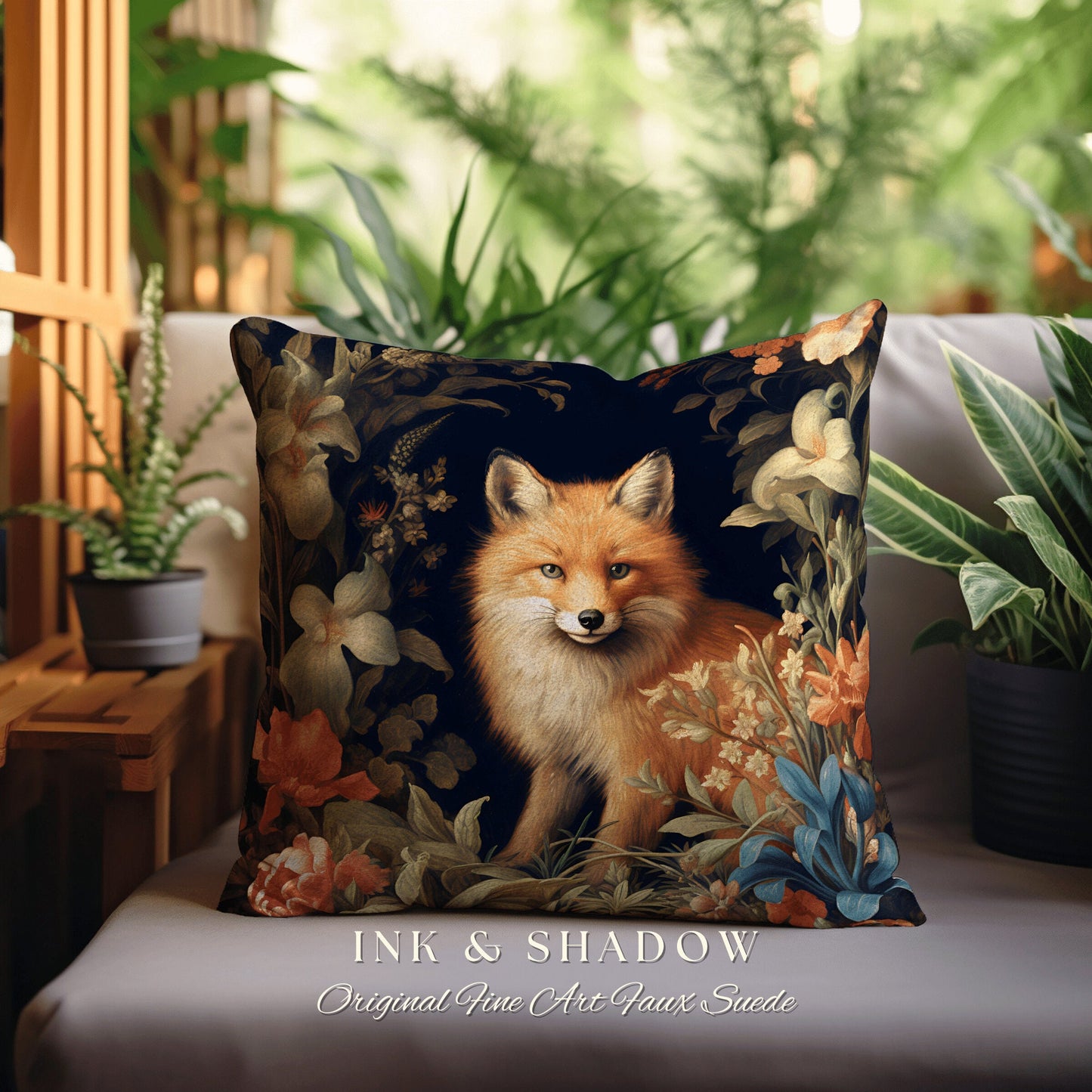 Floral Elegance Fox Pillow | Dark Academia William Morris Inspired Cushion Goth Aesthetic Woven Pillow Victorian Fox Botanical Forest Spirit